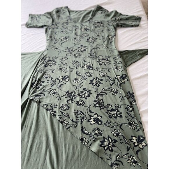 Garnet Hill Easy Wrap Knit Dress Green Floral SZ LG Autumn Stretch - Picture 9 of 10